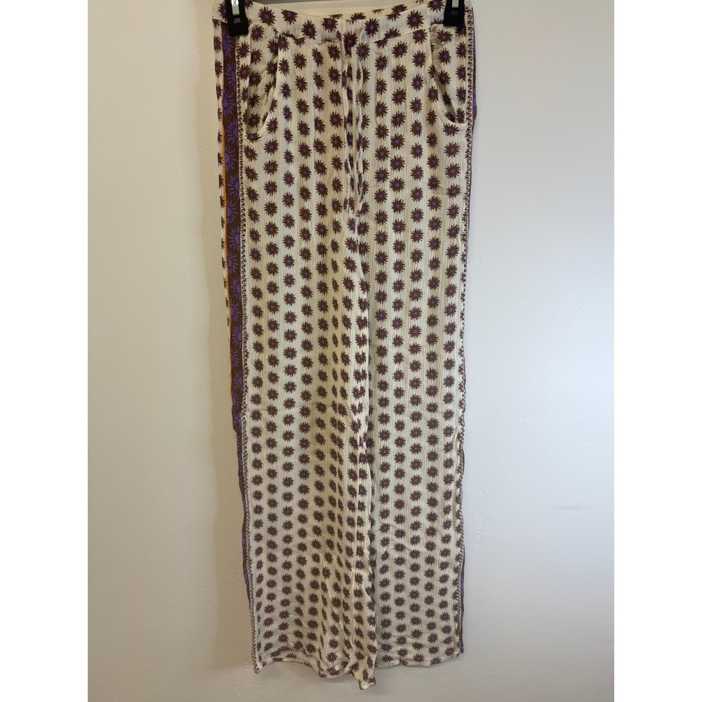 Rip Curl Womens Floral Print Wide Leg Pants Cream Purple Brown Medium